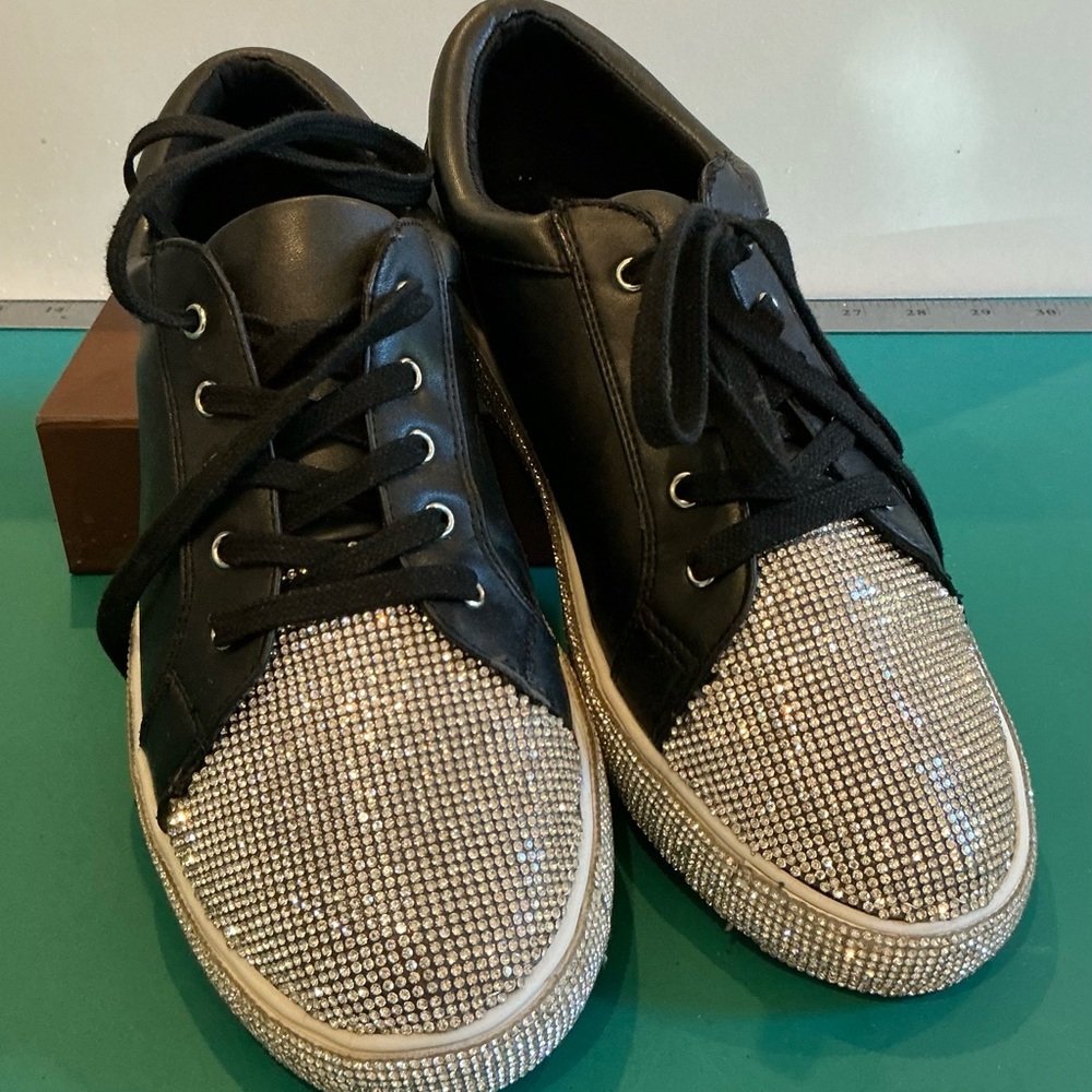 Women's Black Lace-Up Sneakers with Crystal Toe